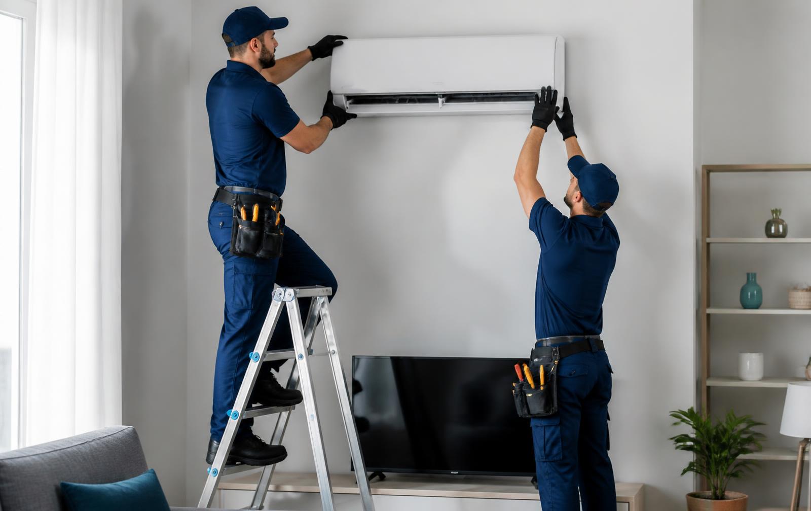 Instaladores de CLIMATIZACIÓN BRISABRI montando un aire acondicionado split en un salón